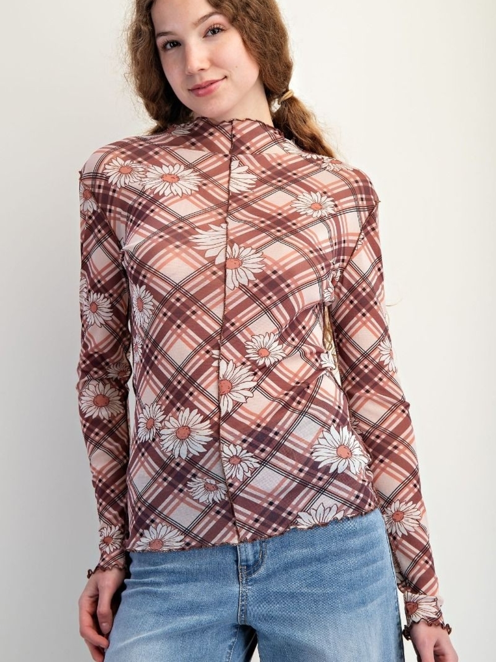 Women’s Daisy Plaid Long-Sleeve Top - Pink/Brown